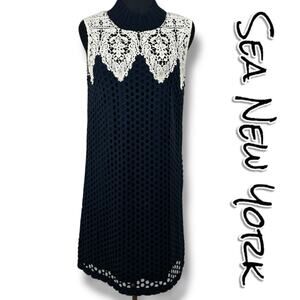 Sea New York Guipure Lace Crochet Dress White Navy Blue Wool Cotton Womens Sz 0